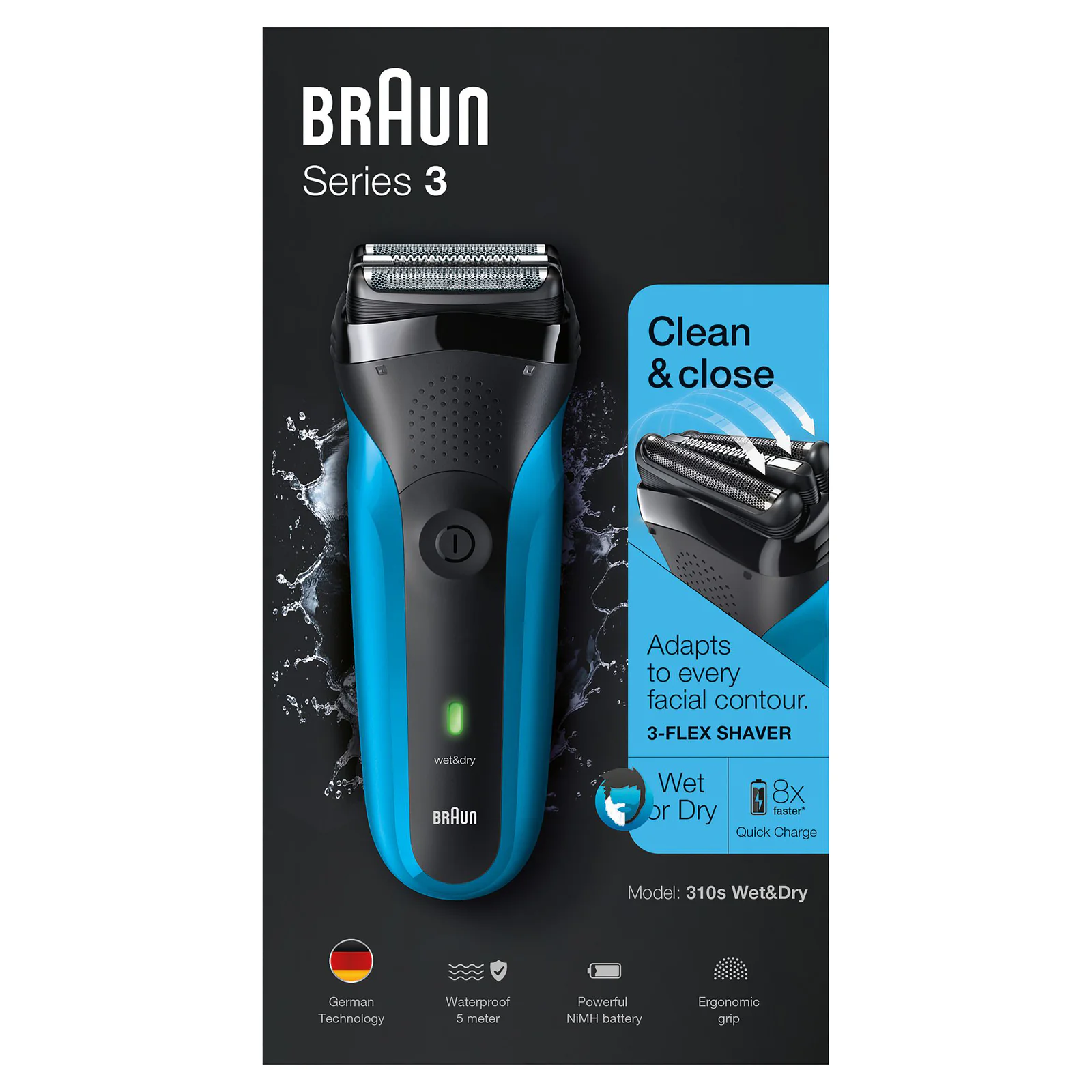 Braun Series 3 - 310S Rechargeable Wet & Dry Electric Shaver Blue 1 unit