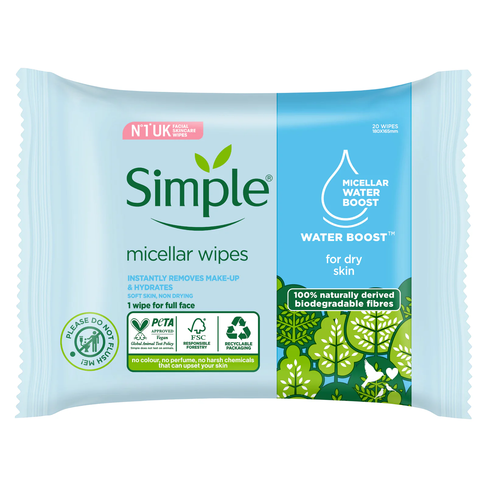 Simple Water Boost Micellar Cleansing Wipes 20 Pack