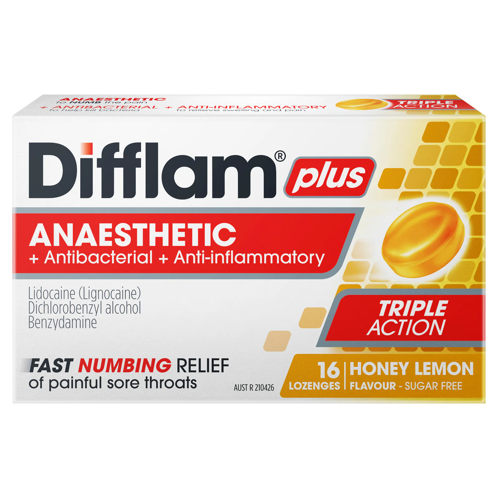 Difflam Plus Anaesthetic Triple Action Honey & Lemon 16 lozenges