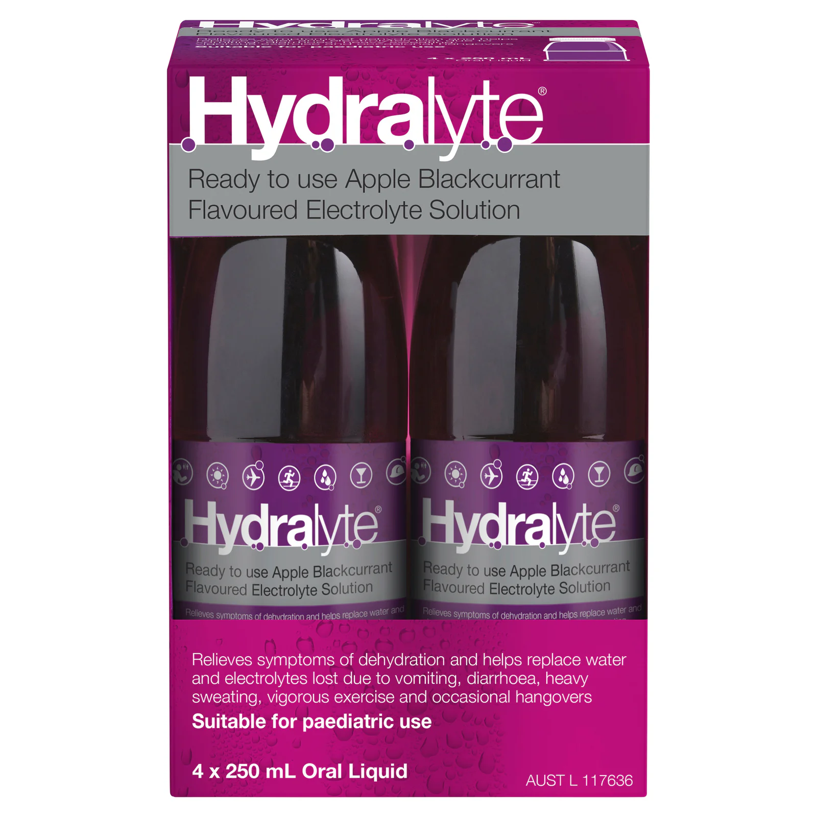 Hydralyte Ready to Use Liquid Apple/Blackcurrant Flavoured 250ml - 4 pack