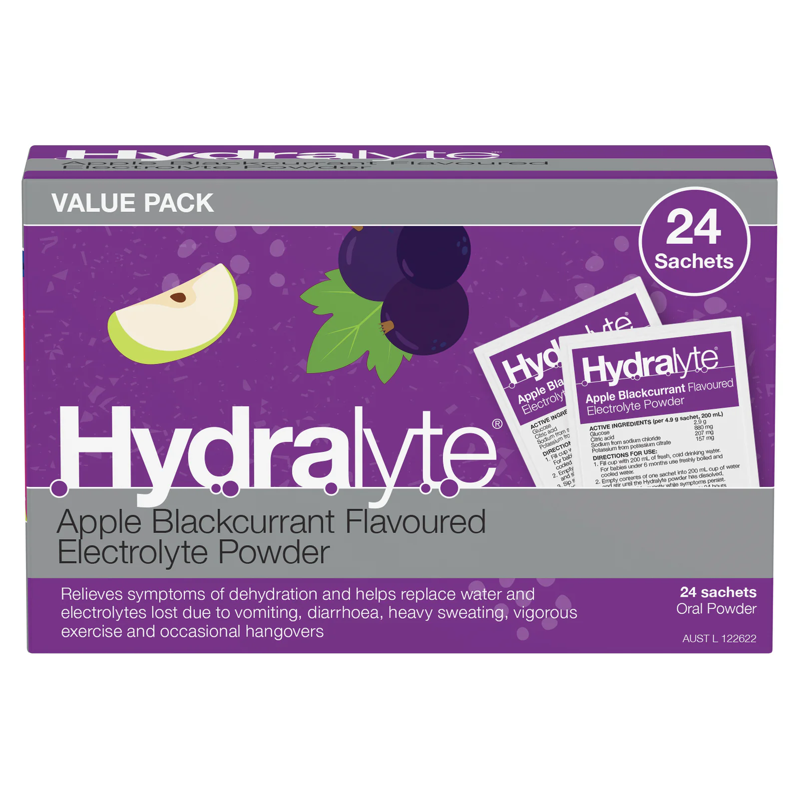 Hydralyte Electrolyte Powder Apple/Blackcurrant Value pack 24 Sachets