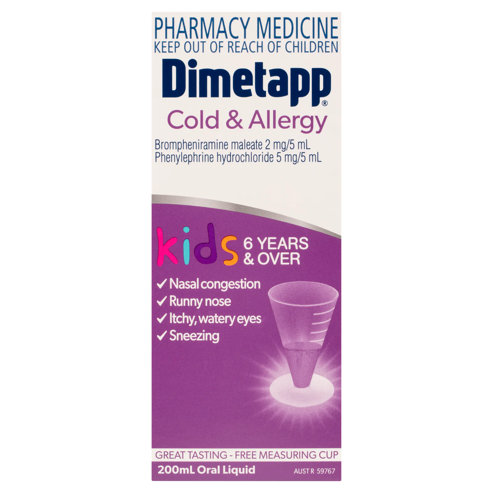 Dimetapp Kids 6 Years and Over Cold & Allergy Sugar Free Grape Flavour 200ml