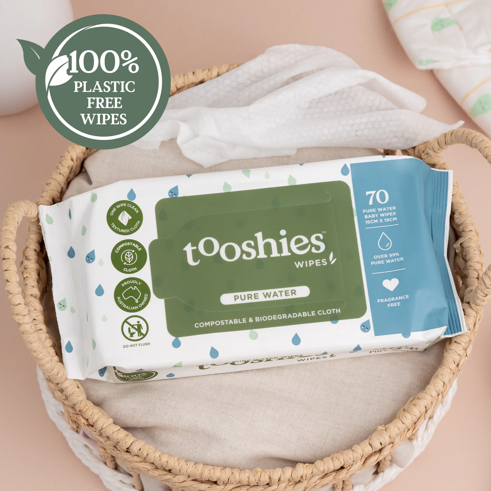 Tooshies Biodegradable Baby Wipes Pure Water 70 Pack