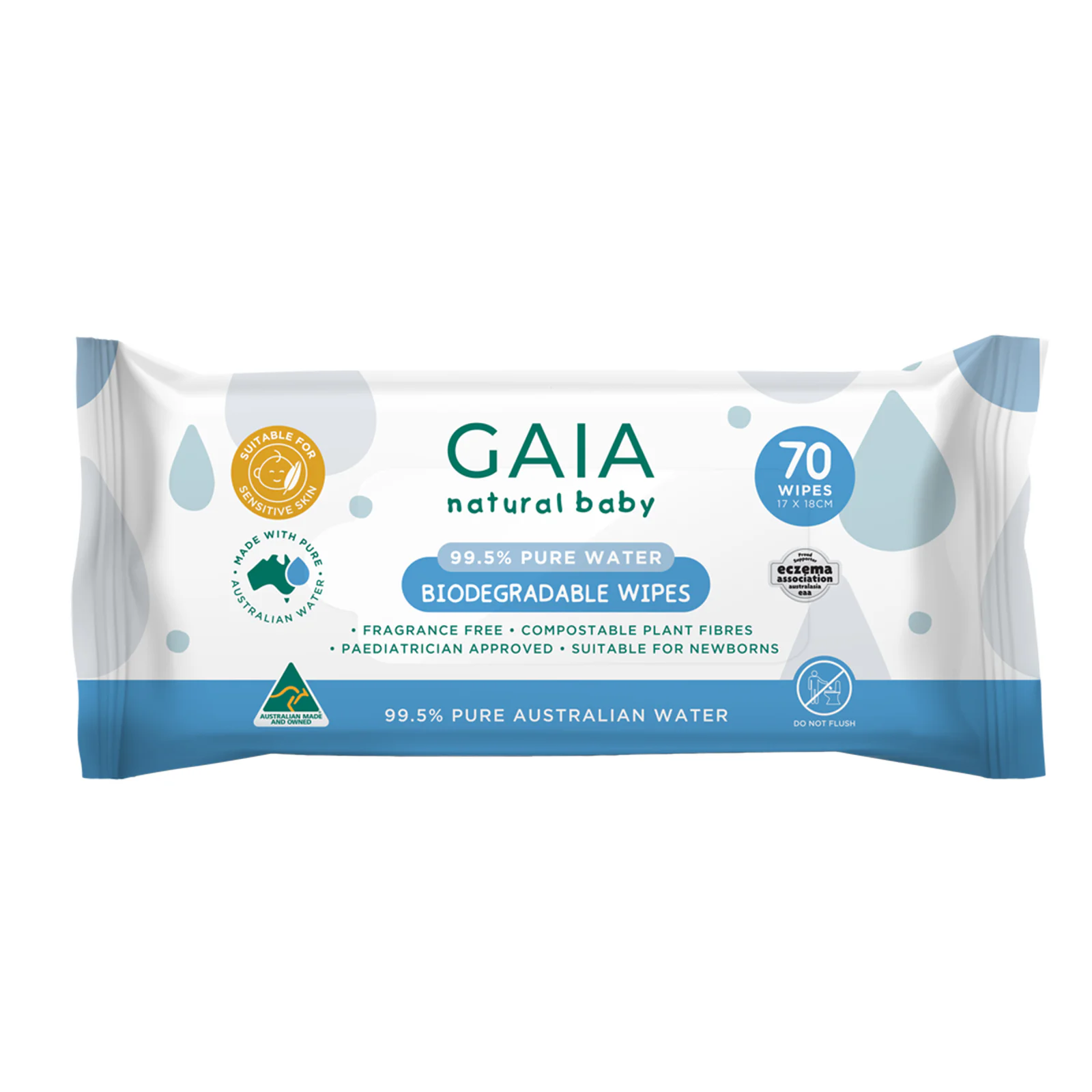 GAIA Natural Baby 99.5% Pure Water Biodegradable Wipes 70 Pack