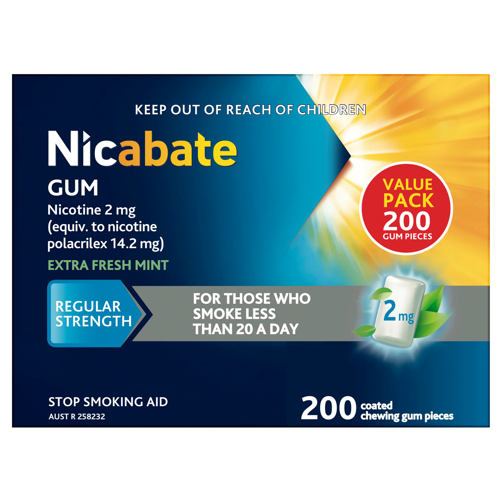 Nicabate Gum Regular Strength Extra Fresh Mint 2mg - 200 pieces