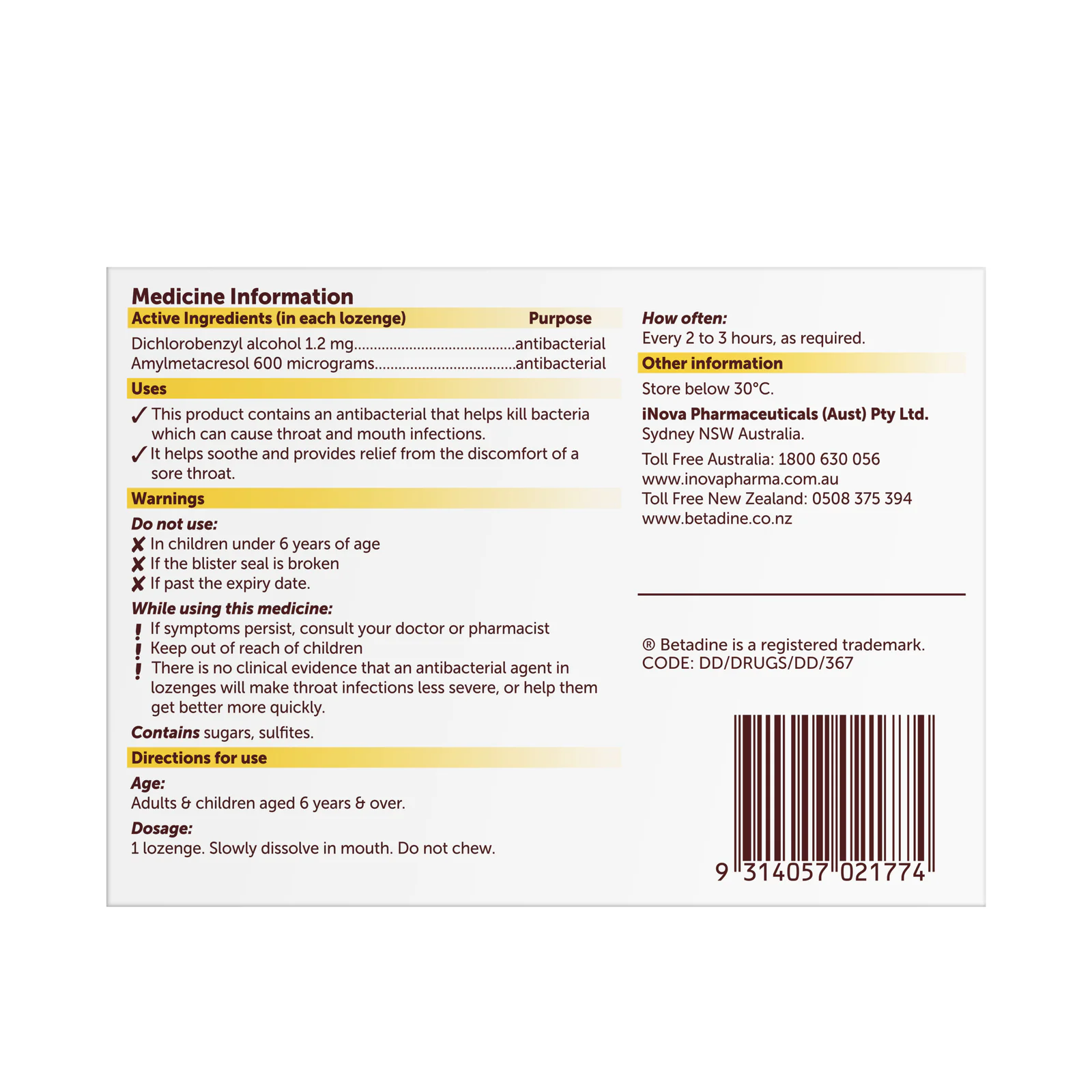 Betadine Betadine Sore Throat Lozenges Honey Lemon 36S 36 lozenges