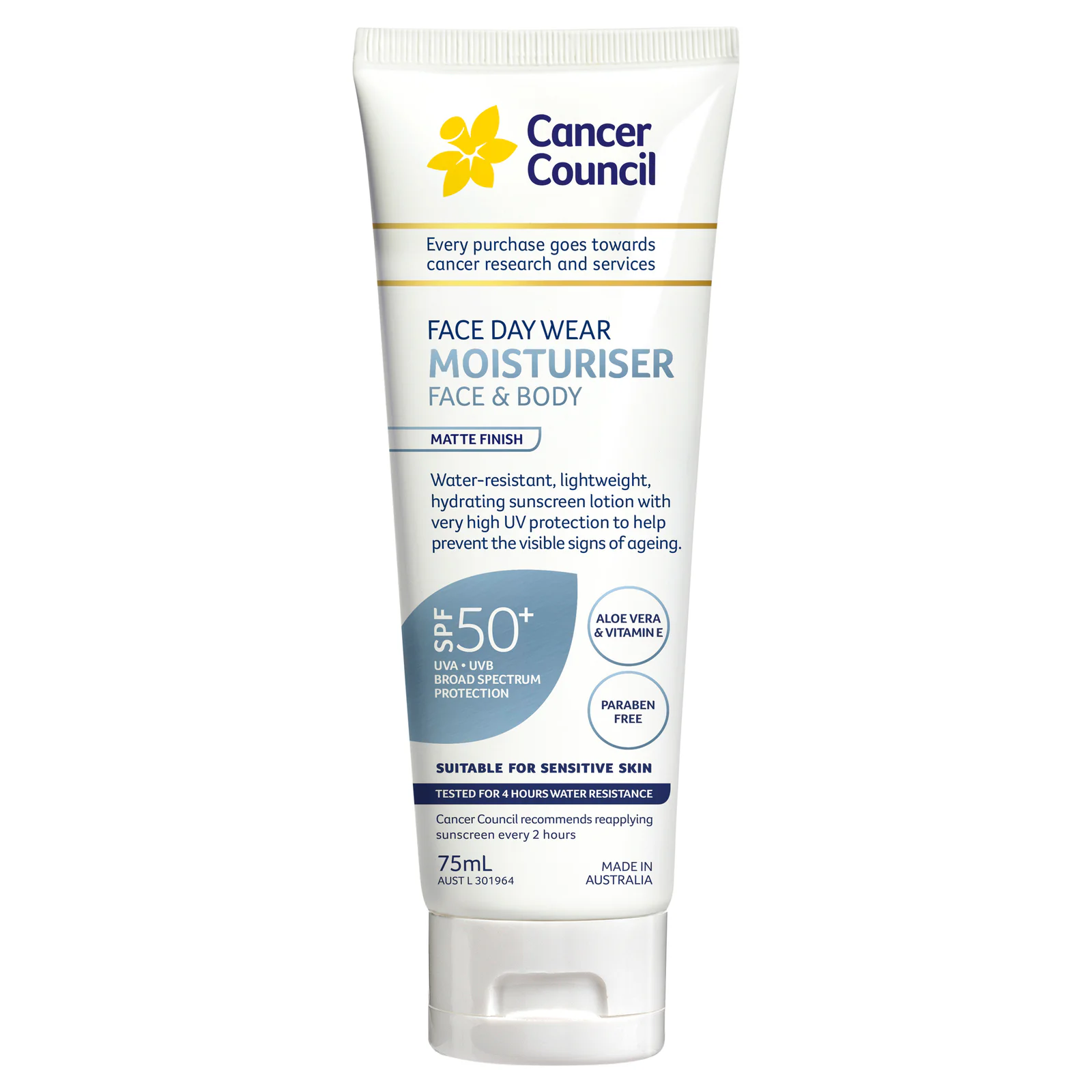 Cancer Council Face Day Wear Moisturiser Matte Invisible 4Hour Water Resistant SPF50+ - 75ml