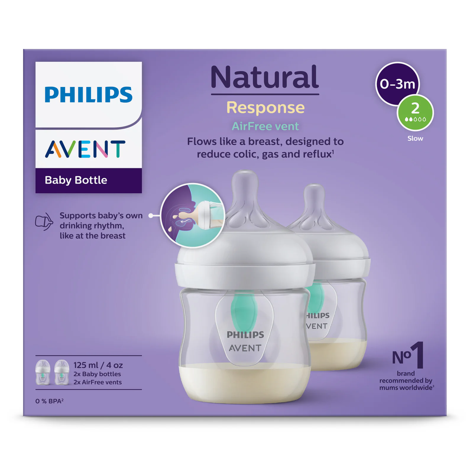 Avent Natural Response Bottles With Airfree Vent 125ml - 2 packs