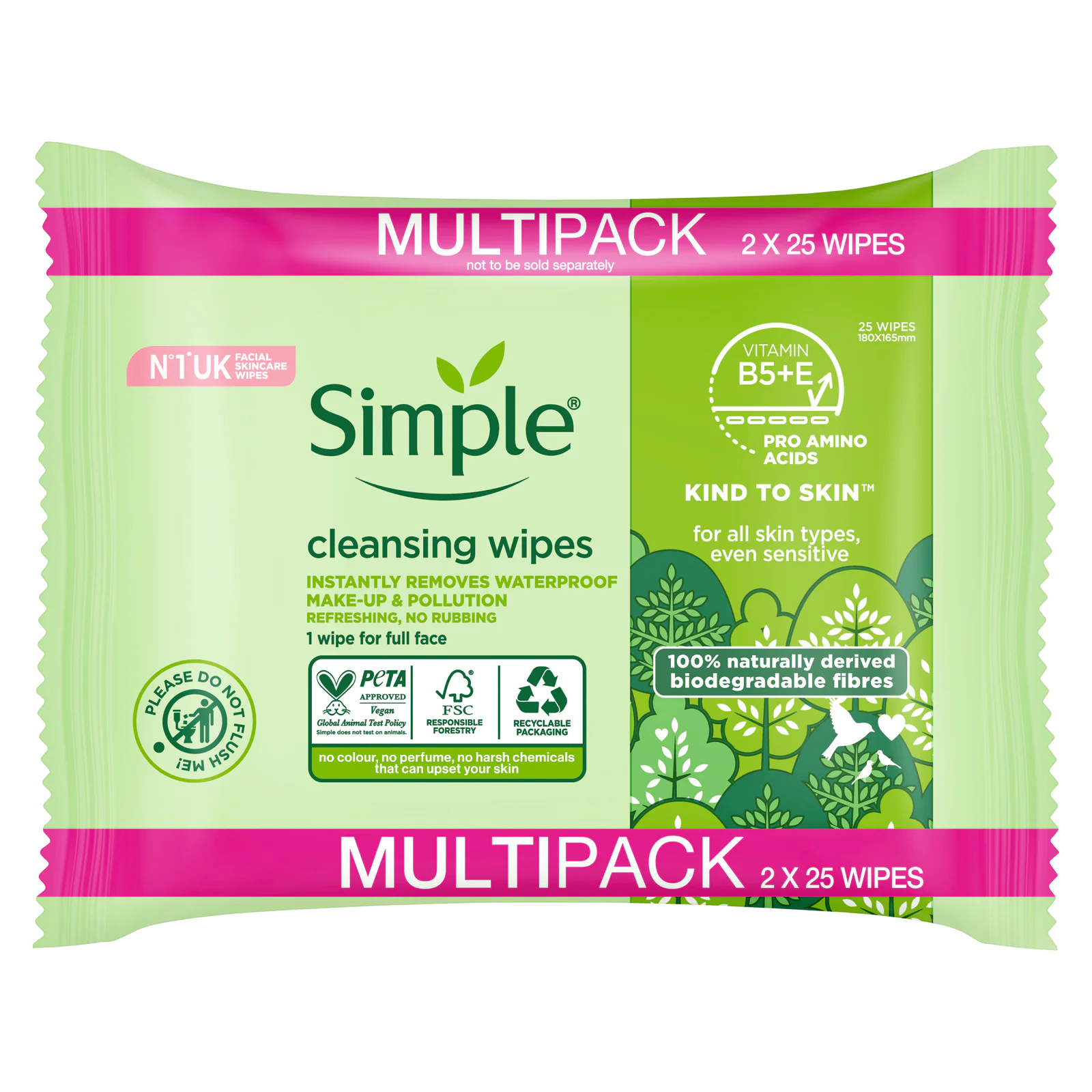 Simple Kind to Skin Biodegradable Cleansing Facial Wipes 50 Pack