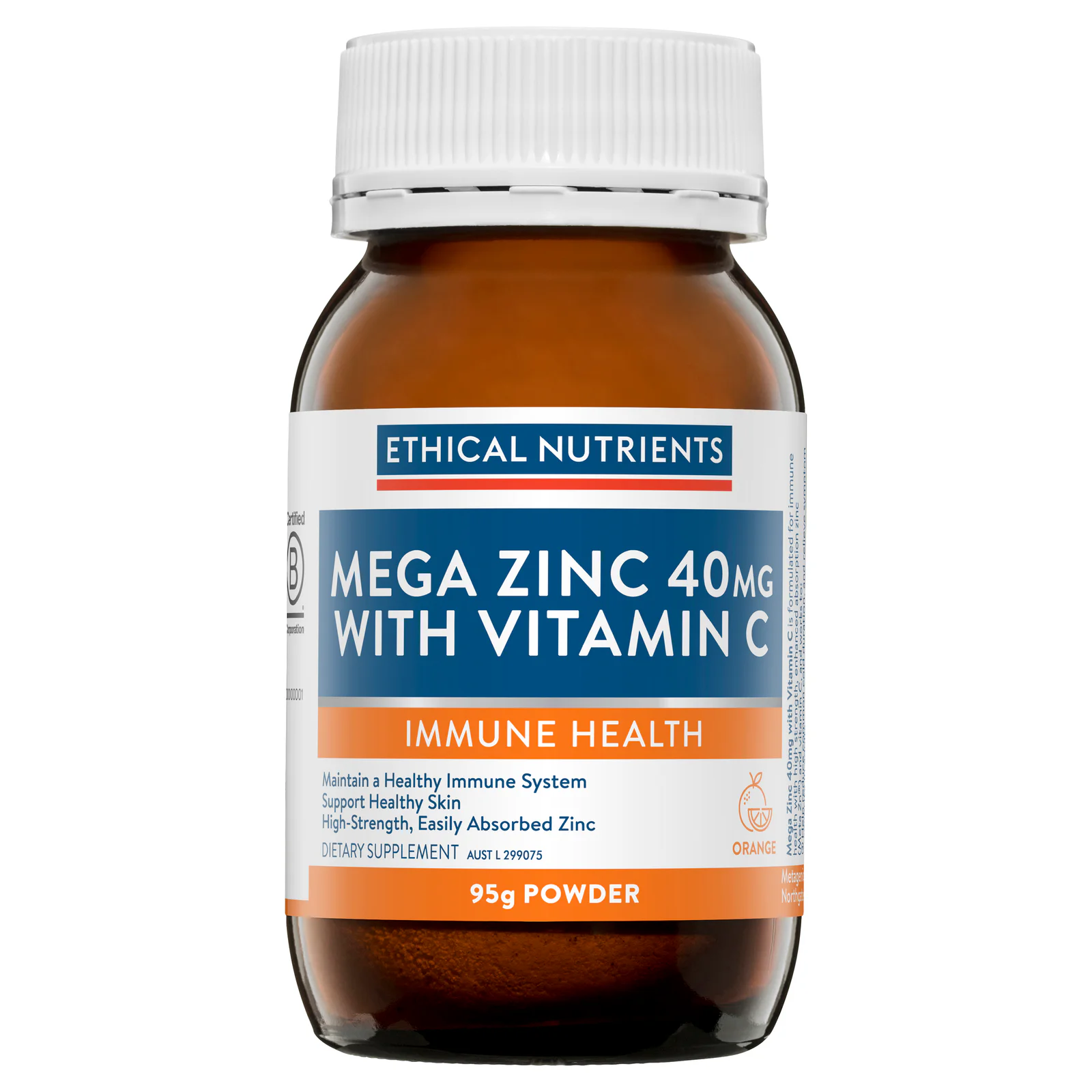 Ethical Nutrients Mega Zinc 40mg With Vitamin C Orange 95g